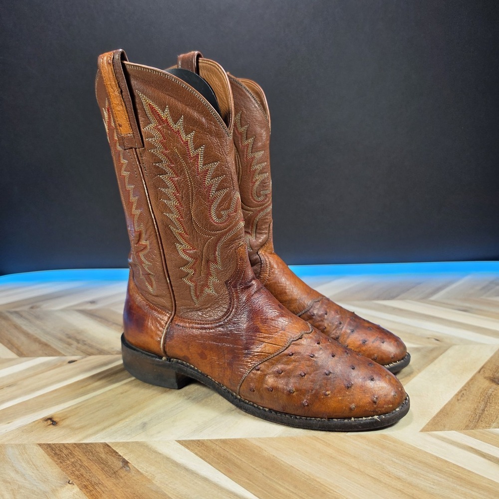 Luchesse Men 8.5 D Brown Quill Ostrich Leather Western Cowboy Boots